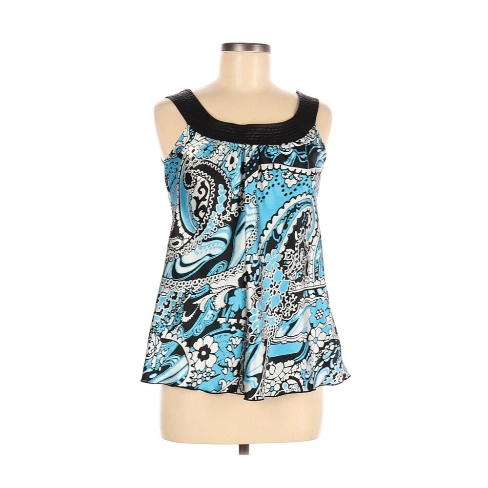 AB Studio Shirt Womens Small Blue Paisley Floral Sleeveless Scoop Neck Black